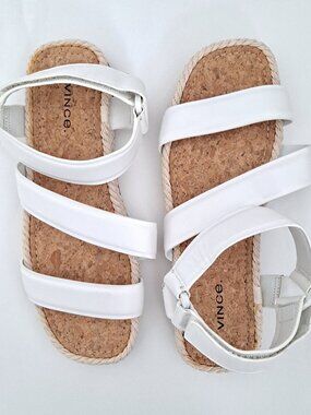 New Vince Elian White Leather Velcro Flat Sandals 8